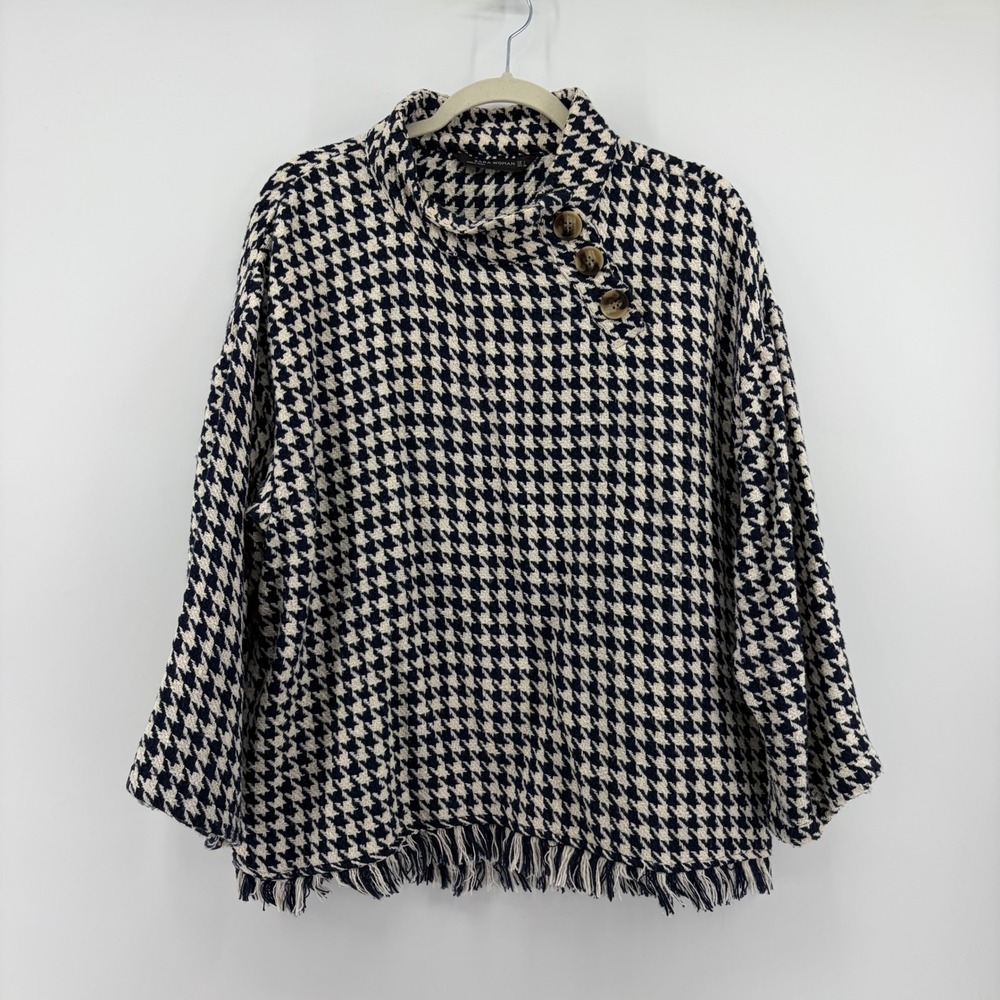 Zara Womens Large Navy Houndstooth Poncho Sweater Fringe Mock Neck Button Detail